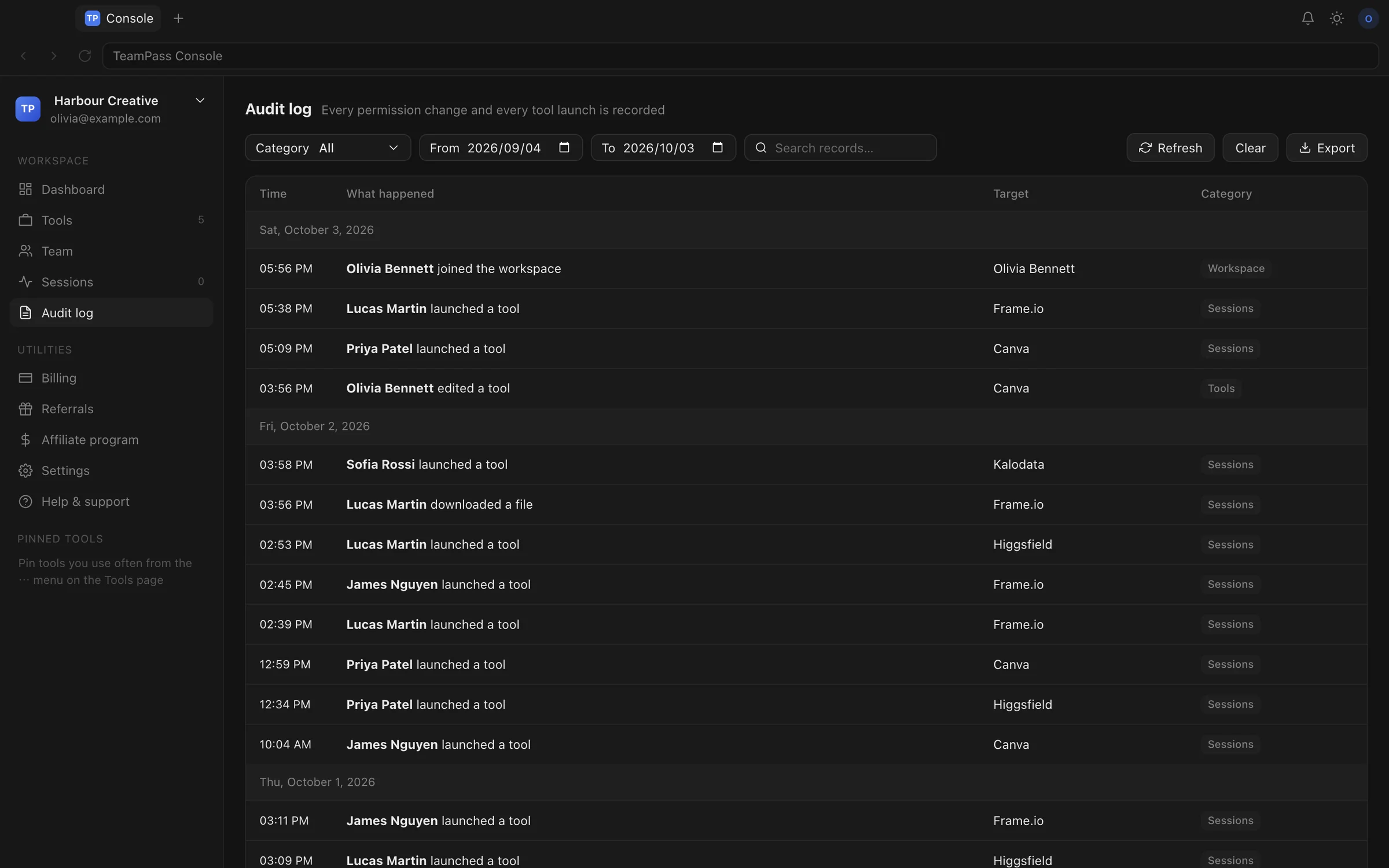 Audit log listing tool launches, edits and a file download by date