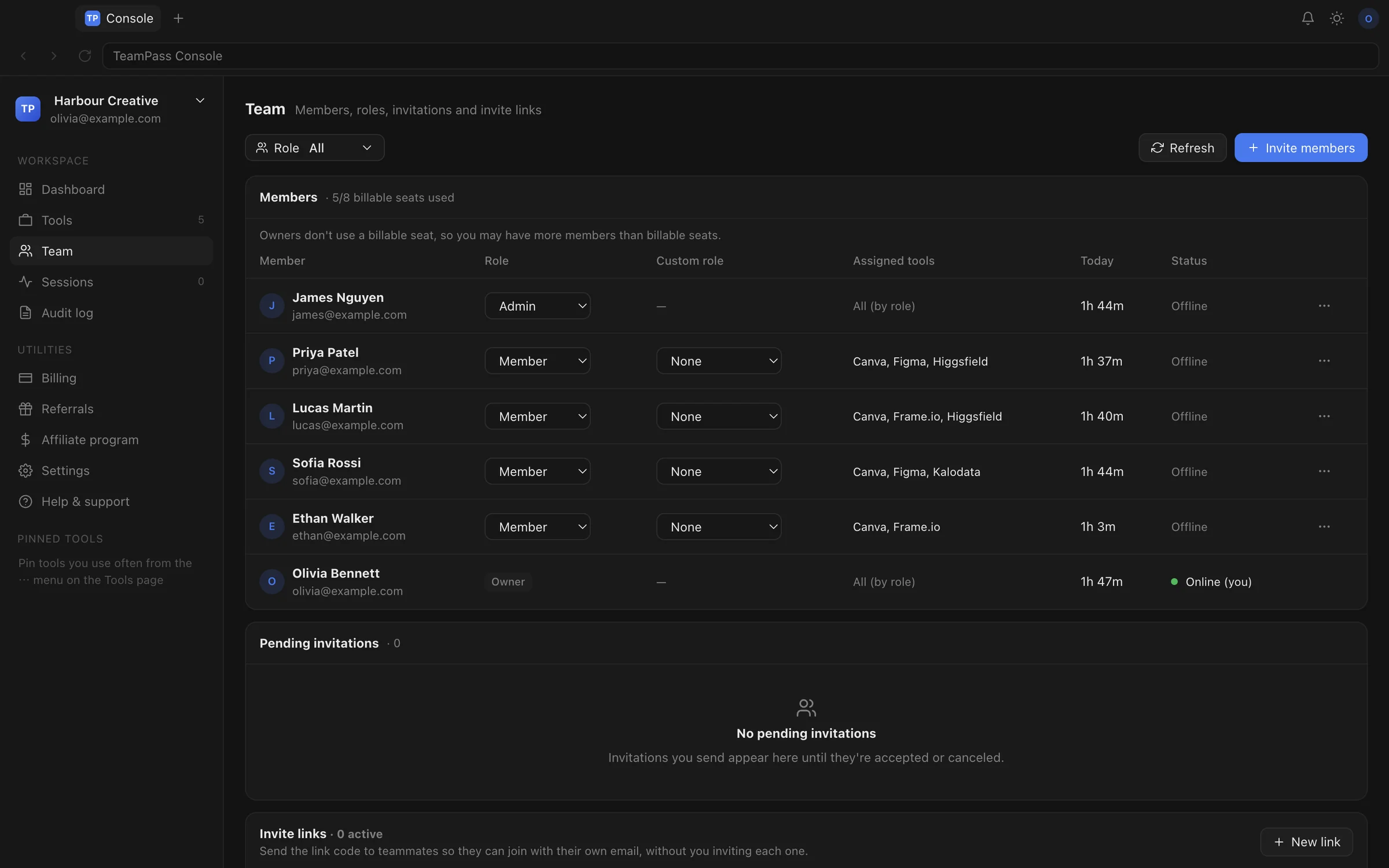 Team page with members, roles, assigned tools and status
